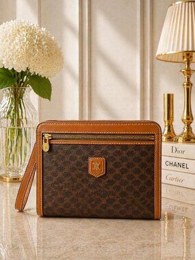 Authentic Celine Macadam Clutch Brown PVC Leather Wristlet Vintage Logo Pouch